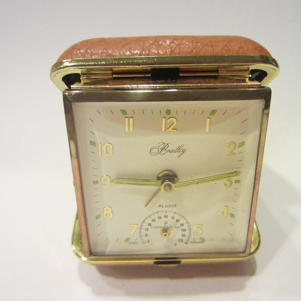 Bradley West Germany Tan Leather Hand Winding Thermometer Traveling Clock